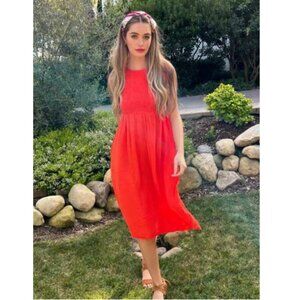 Felicite Smocked Midi Dress Womens 4 Large Orange Cotton Gauze Sleeveless Crew